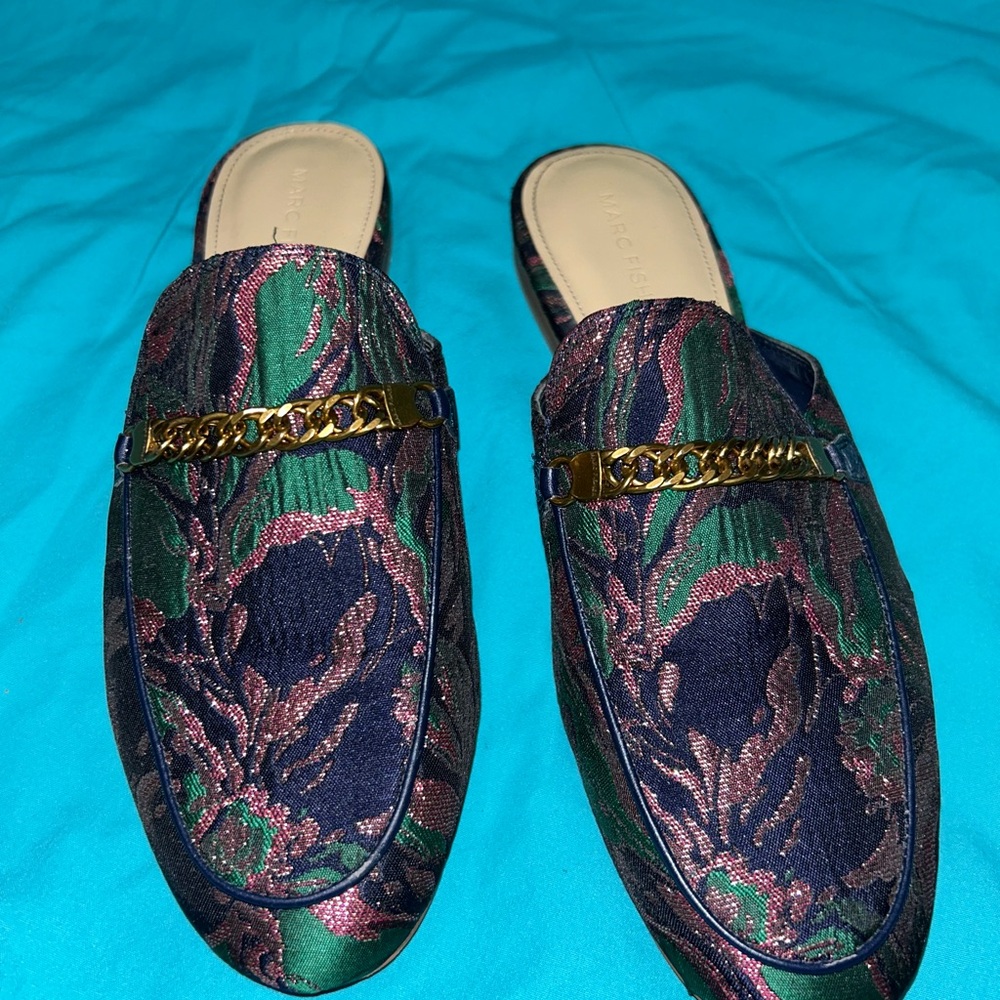Marc Fisher Green and Pink Slip-On Loafers with Gold Accent